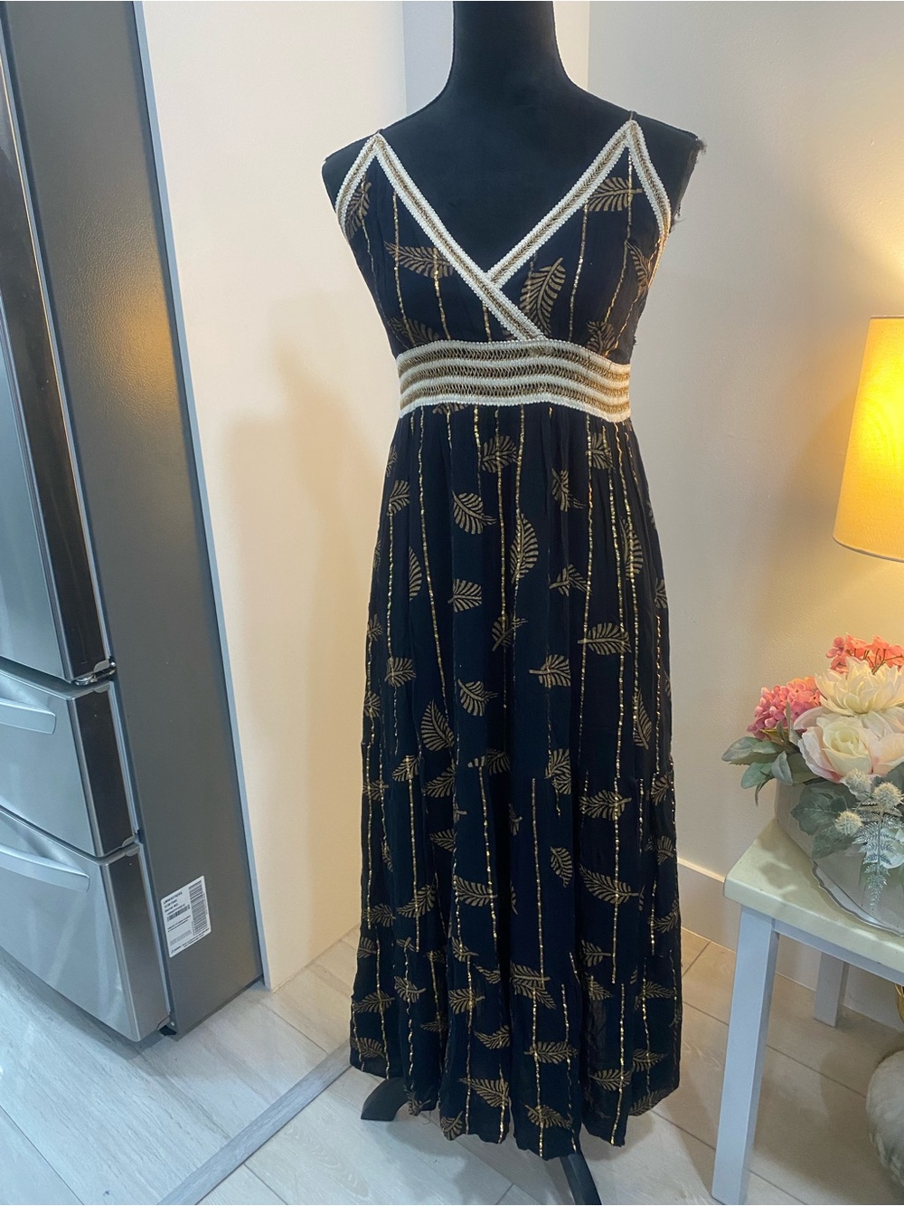 Black Maxi Dress with Gold Leaf Accent and Braided Waist